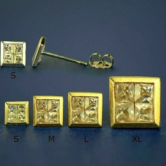 Solid 14K Gold Fancy Post Square Cubic Zirconia Stud Push Back Earrings 6x6mm - Picture 5 of 5